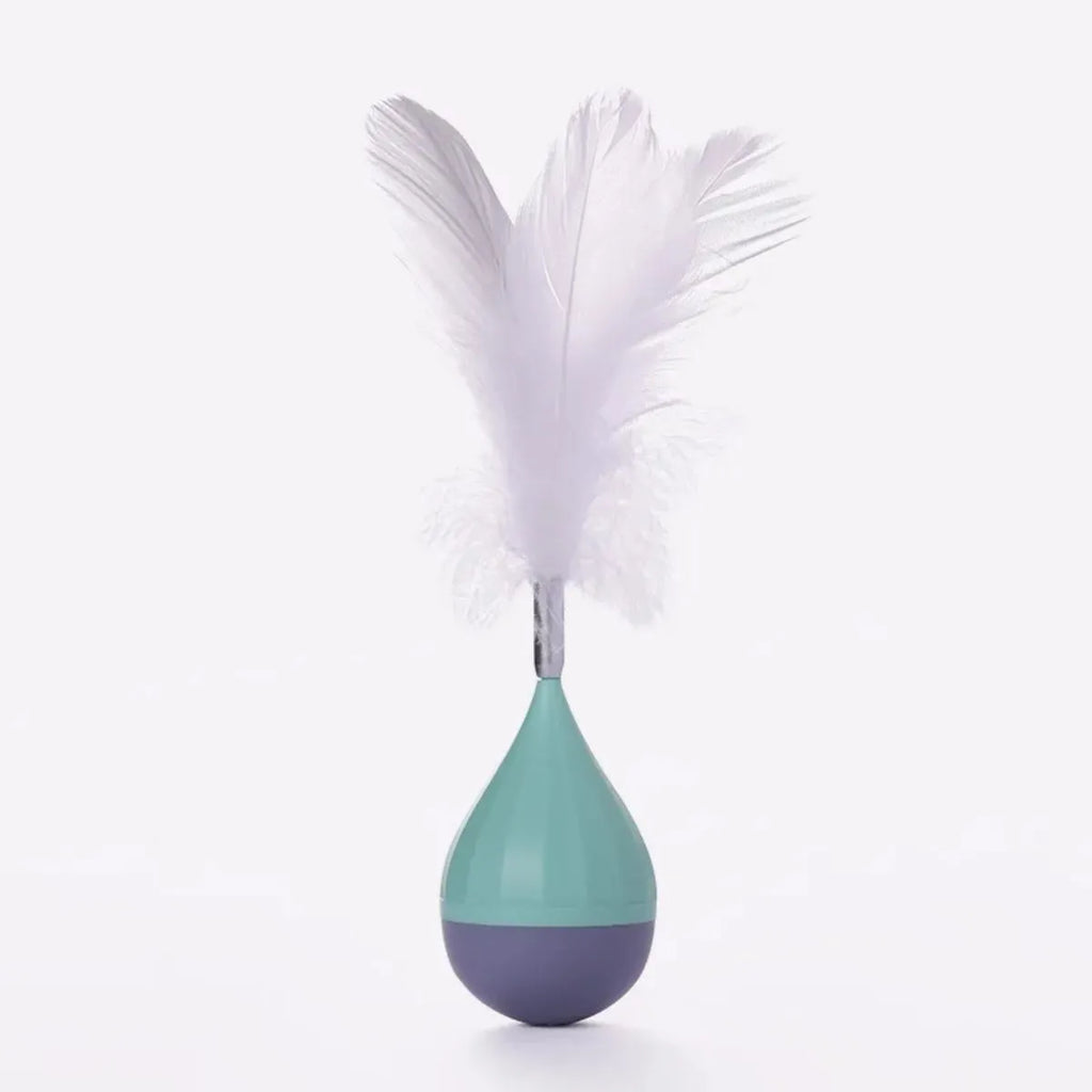 Feather tumbler cat toy with ABS stick and goose feather attachment in green colour