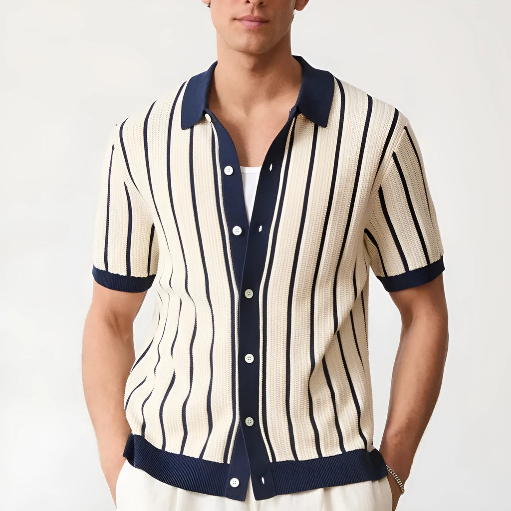 Men's white asymmetric striped knitted top with lapel collar and short sleeves