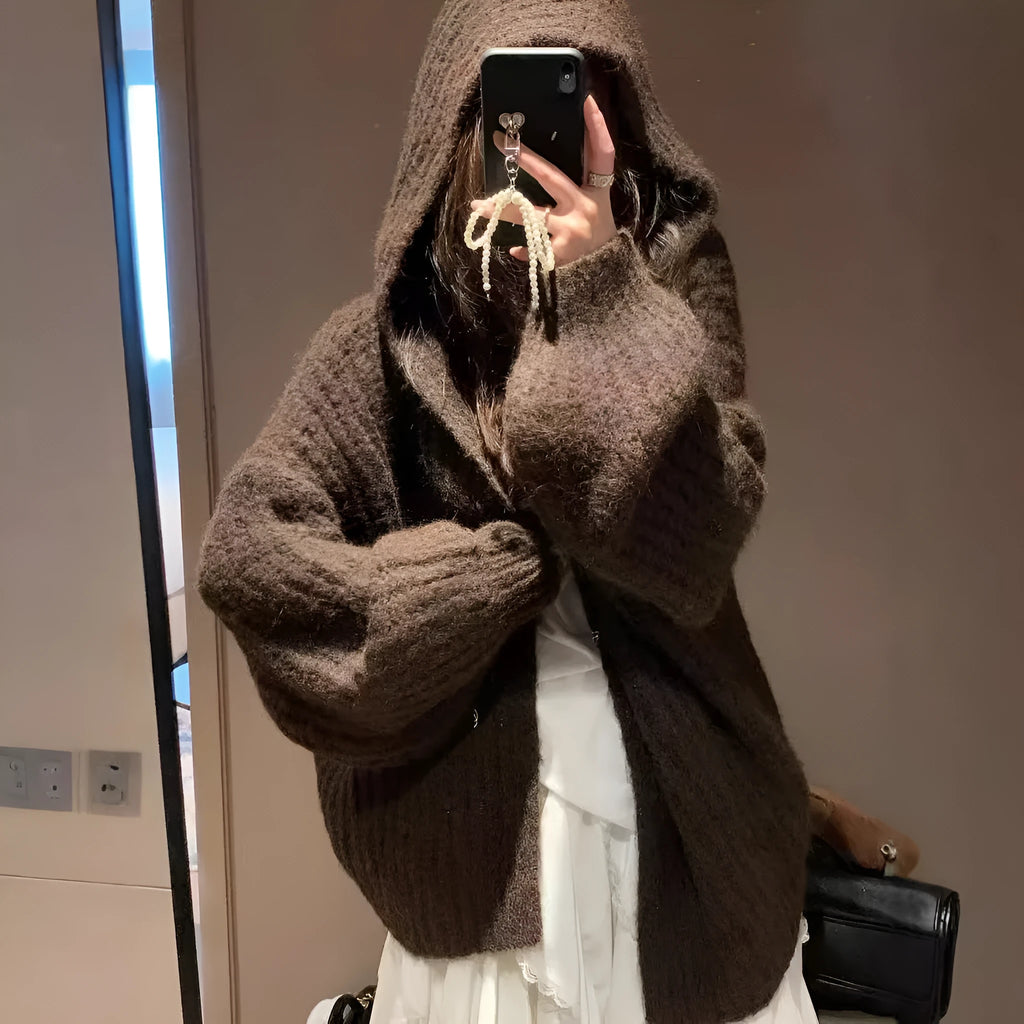Brown loose-fit hooded cardigan sweater for women on a hanger