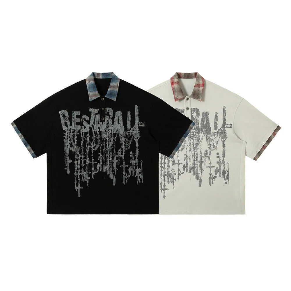 Men's loose blue cotton top with asymmetrical graffiti print, short sleeves, street style