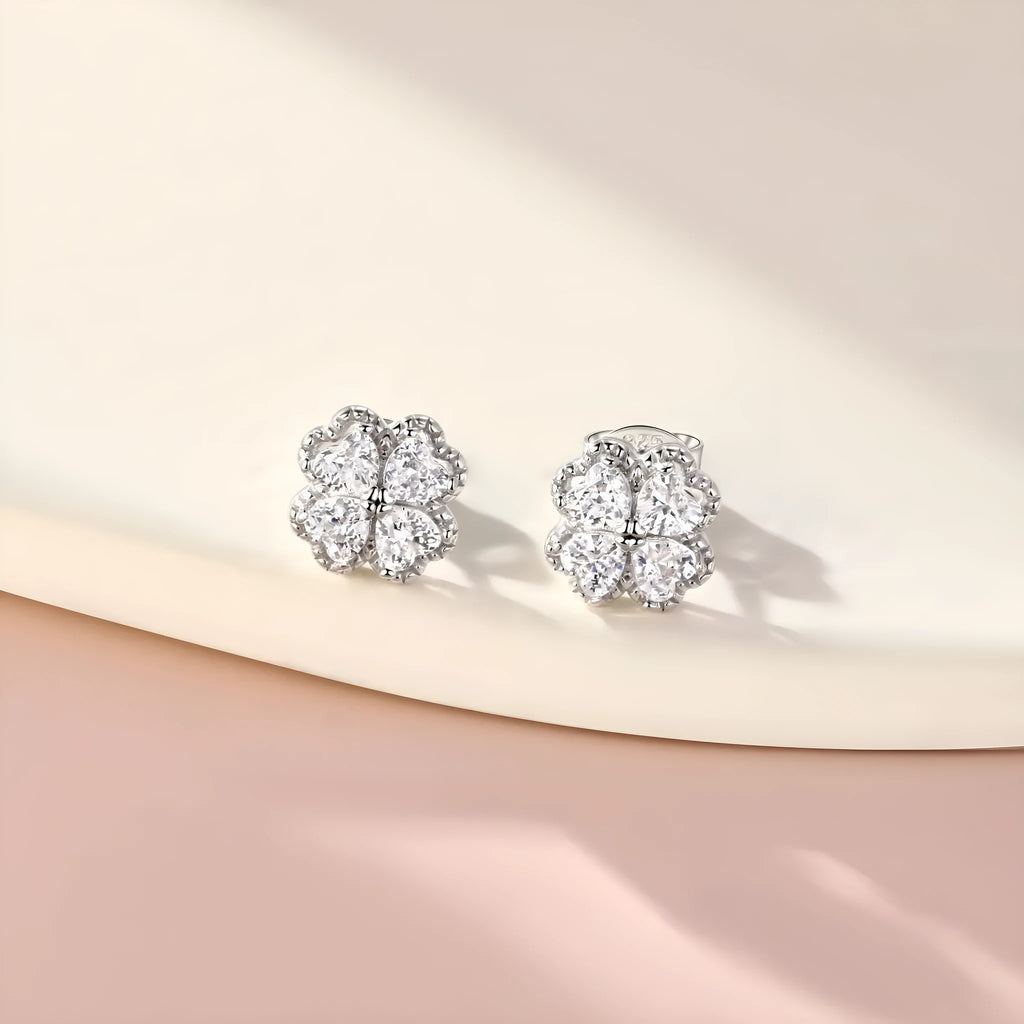 925 silver zircon earrings with heart and four-leaf clover design in white gold colour finish