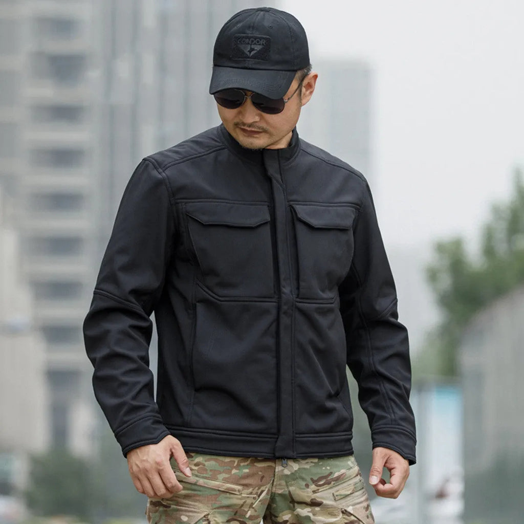 Bone Frog Peak Breaker soft shell jacket in black camouflage for outdoor mountaineering and tactical use.