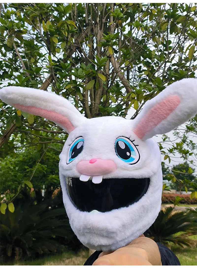 White rabbit head plush cover for motorcycle helmet with long ears.