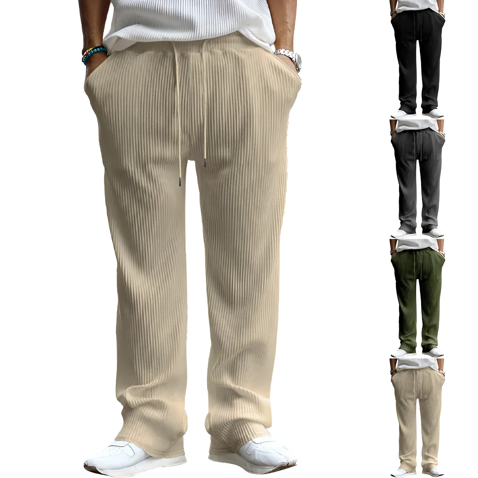 Men's high-waisted straight leg casual trousers in loose fit showing four colour options