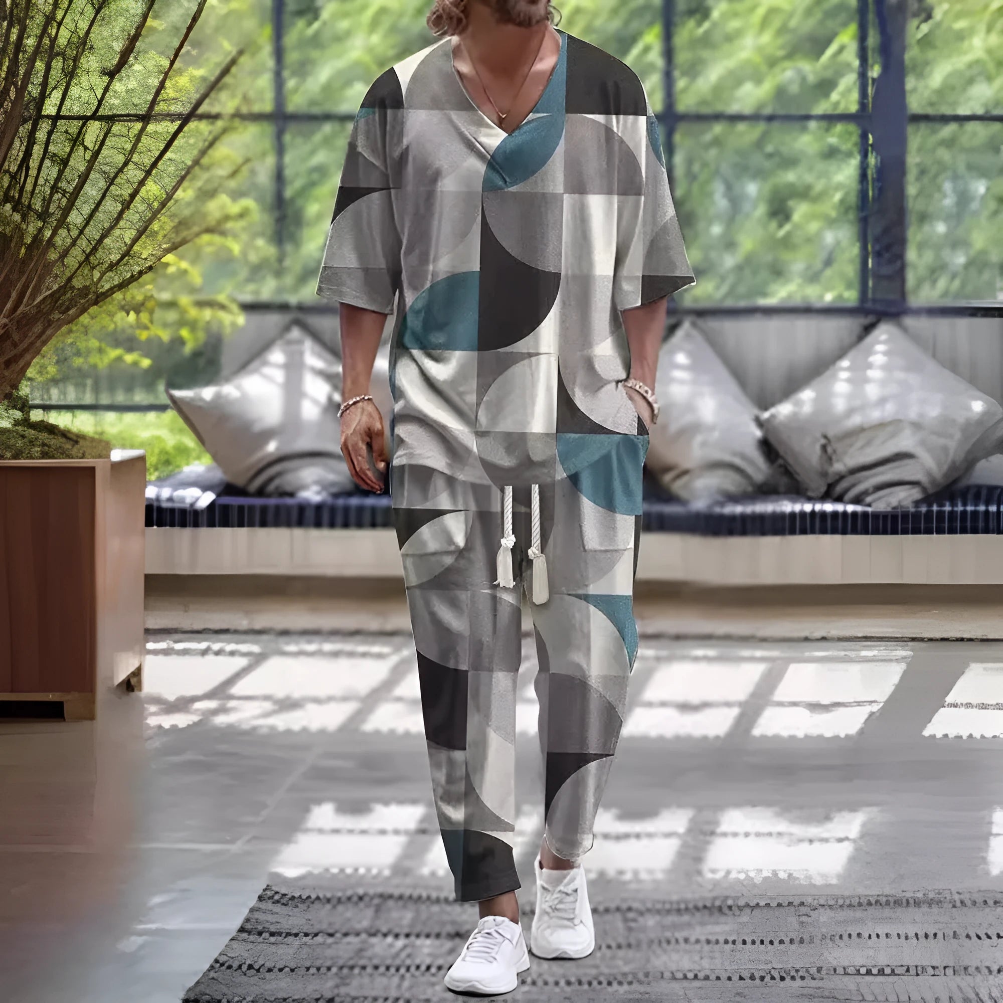 Thin polyester trousers suit with a cropped sleeve V-neck jacket on a hanger.
