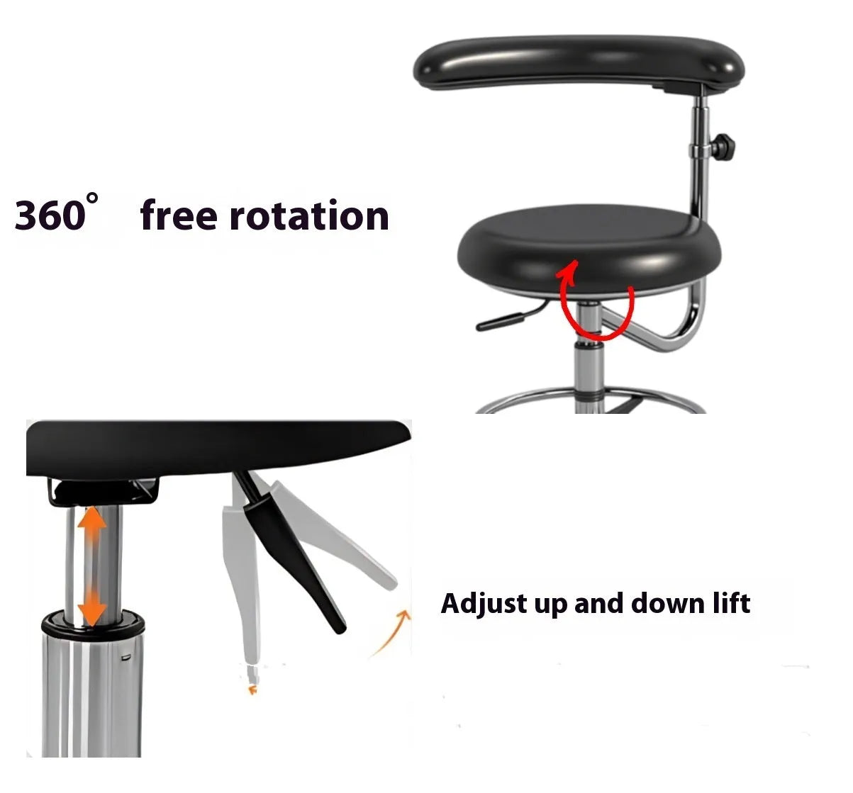 Black leather dental hospital chair lift for dentist and nurse clinical seating