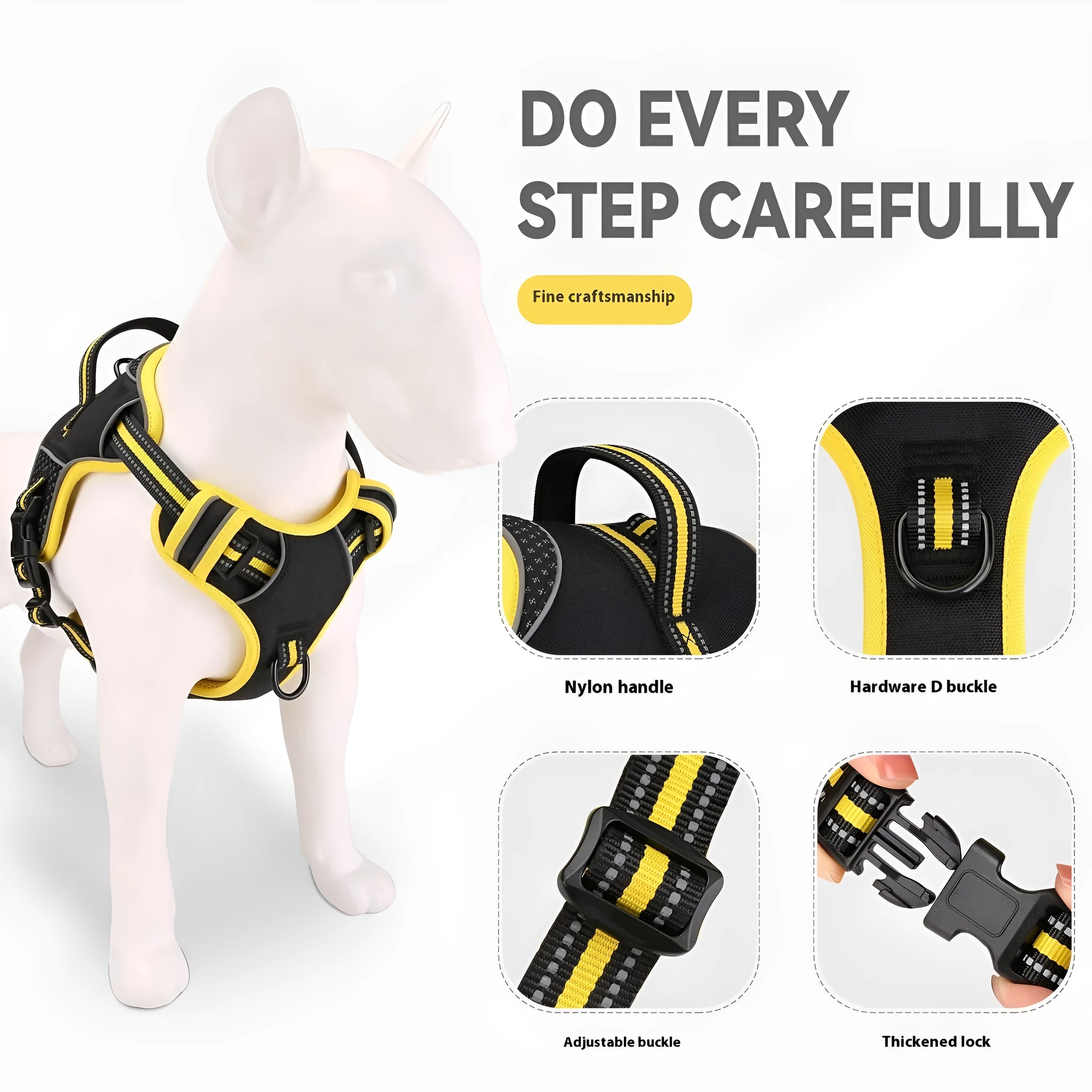 Yellow and orange dog harness and leash set with anti-breaking traction strap for outdoor training