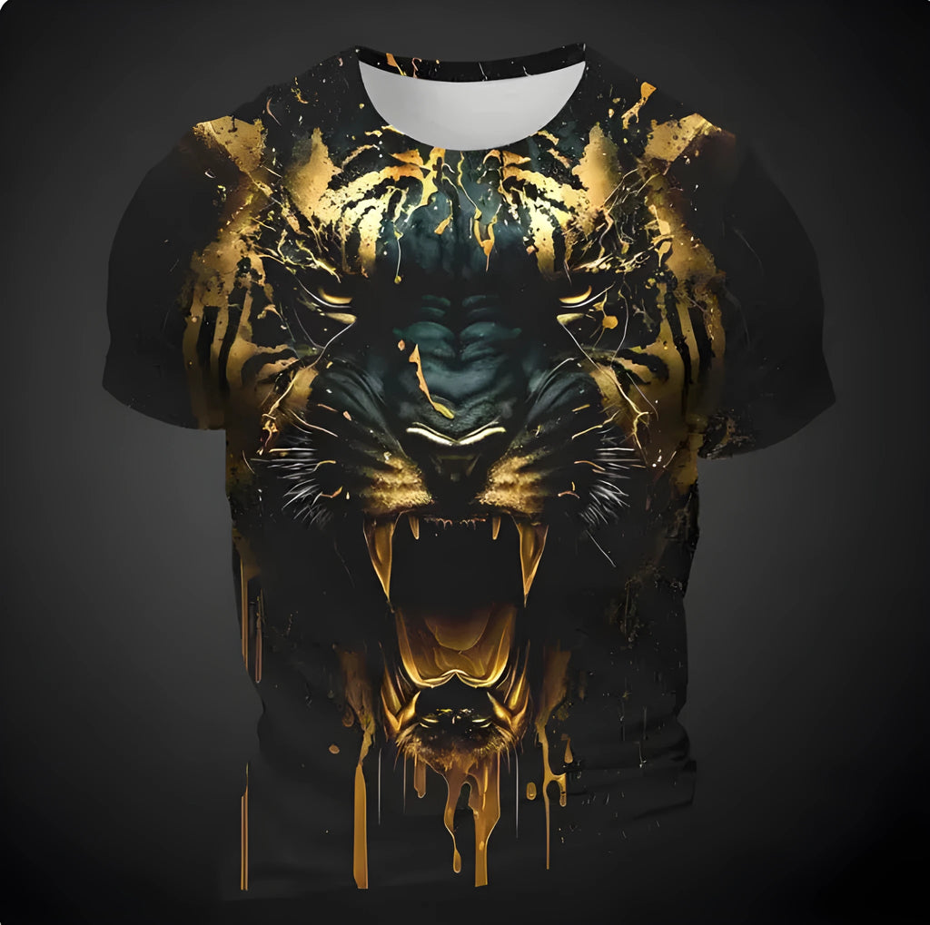 Men's grey T-shirt with a detailed 3D tiger head pattern printed on the front.