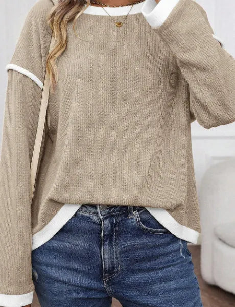Women's four leaf clover green knit drop shoulder top with contrast trim detail