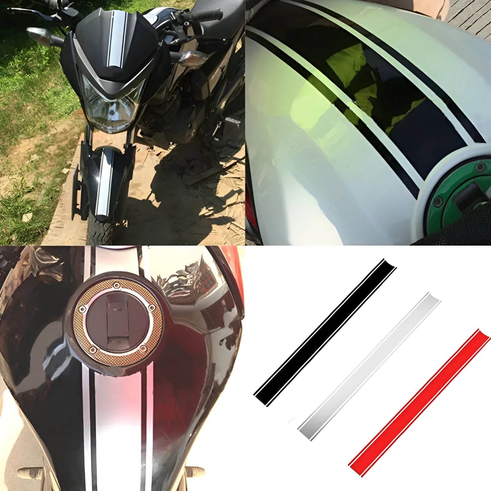 Motorcycle reflective pinstripe sticker in PET material measuring 50cm by 4.5cm for gas tank application