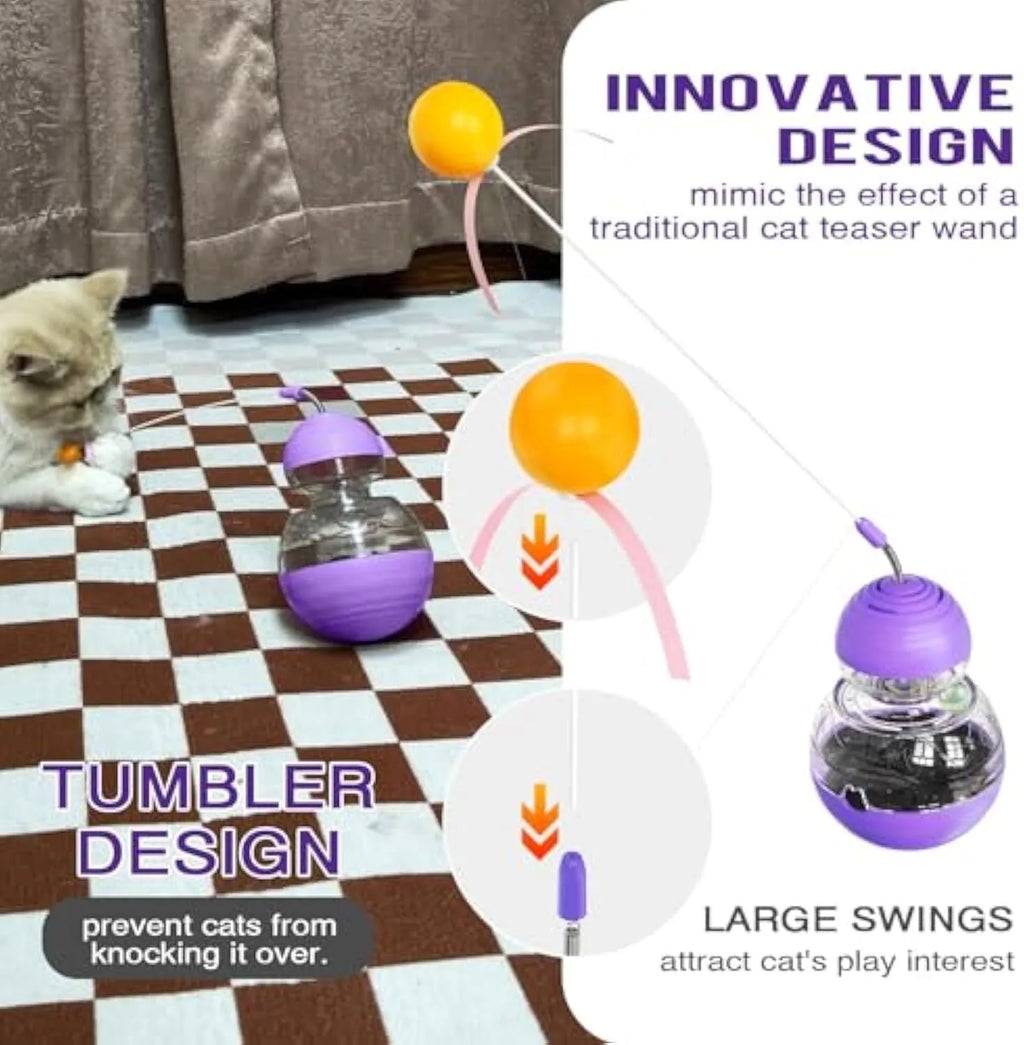 Colourful cat interactive toy with wobble base, teasing wand, and slow feeder mechanism