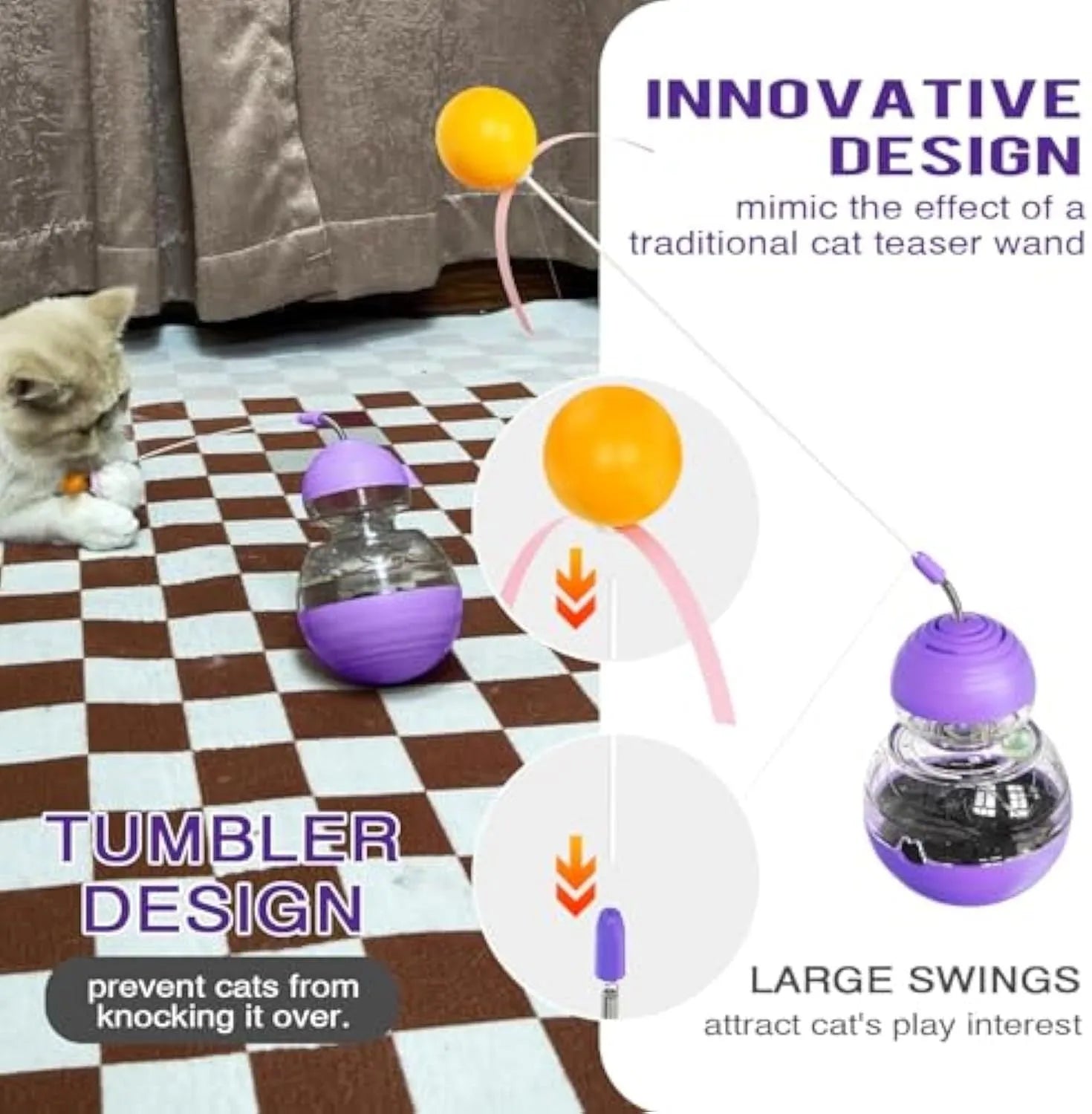 Colourful cat interactive toy with wobble base, teasing wand, and slow feeder mechanism