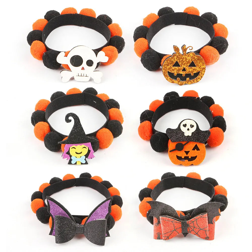 Halloween pet collar with decorative fur ball in pumpkin, skull, or witch style