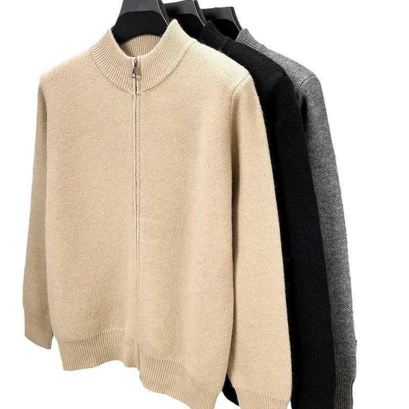 Men's grey stand collar knitted zip cardigan in a loose, thickened fit.