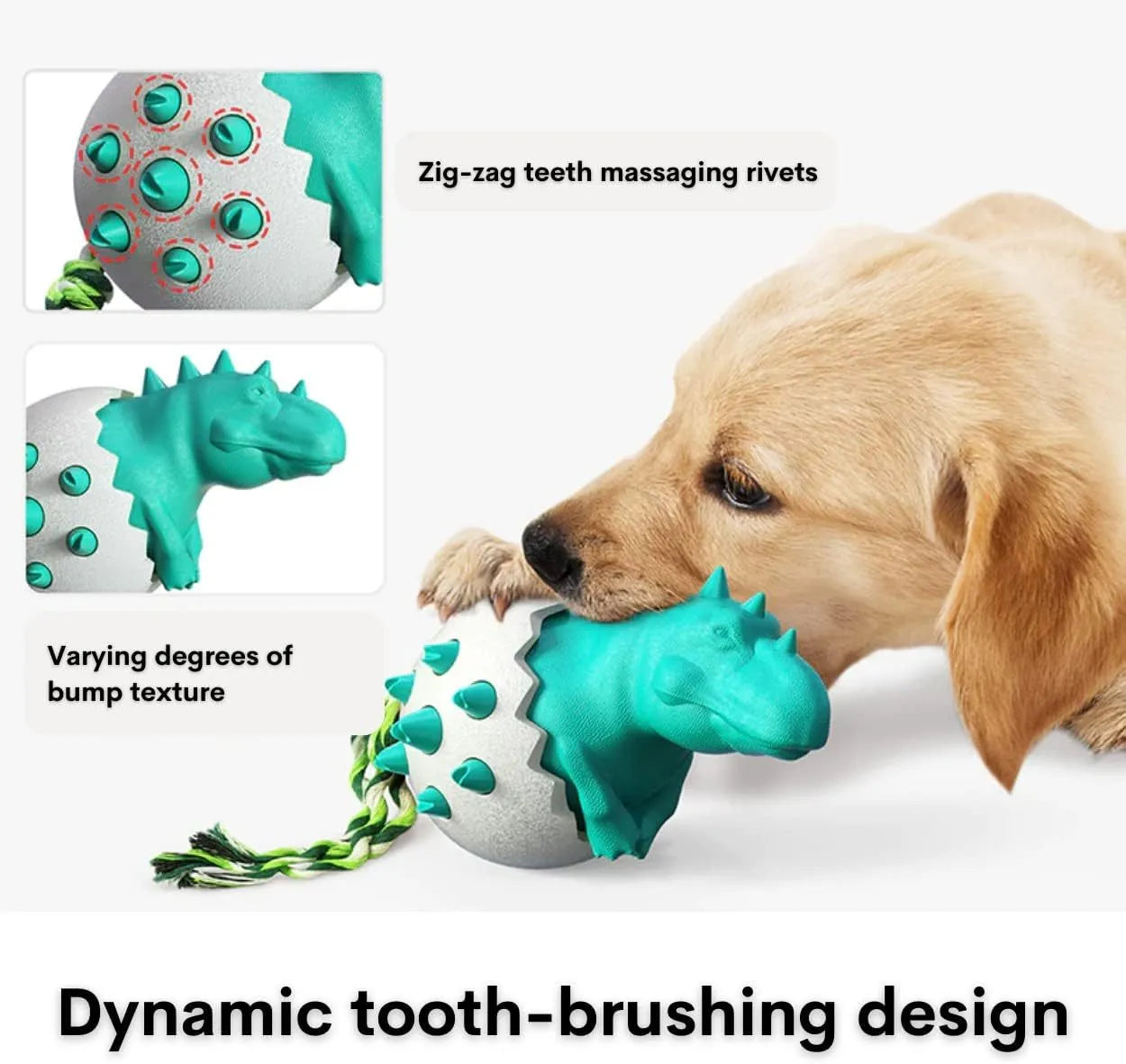 Blue dinosaur-shaped dog chew toy with textured surface and an attached rope for tug-of-war.