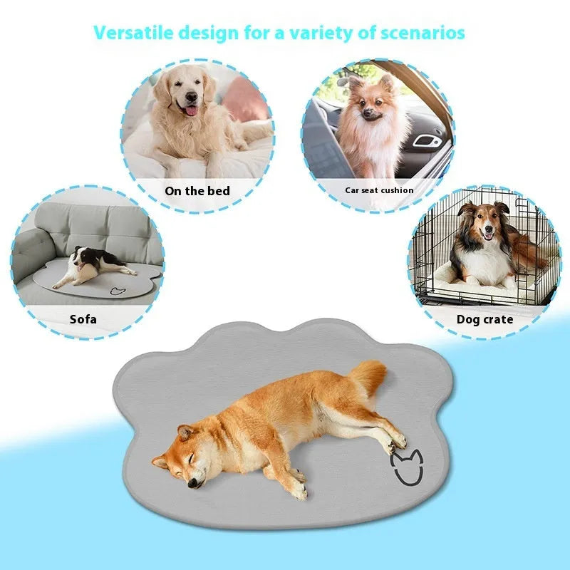 Ice silk dog cooling mat in light grey with a simple dog head shape, showing non-slip base.