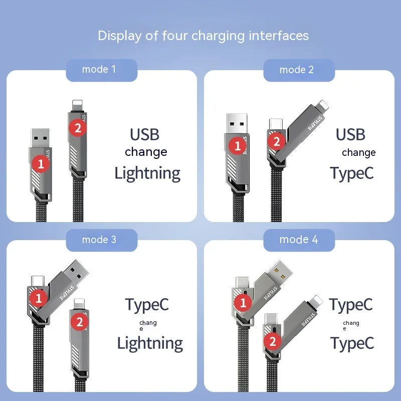 Black woven nylon four-in-one keychain data cable with Type-C connector and C71 Tungsten Gold finish