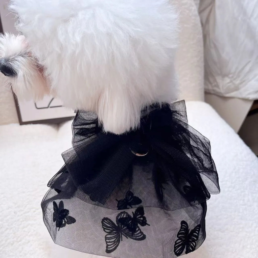 Black gauze princess tulle skirt for a small dog or cat on a white background.