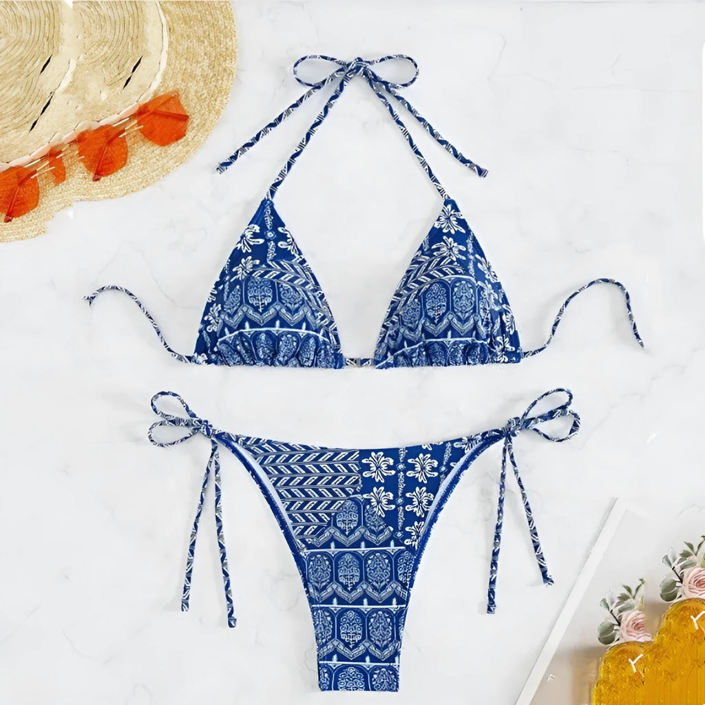 Women's bandage stitch bikini swimsuit in polyester fabric with detailed construction