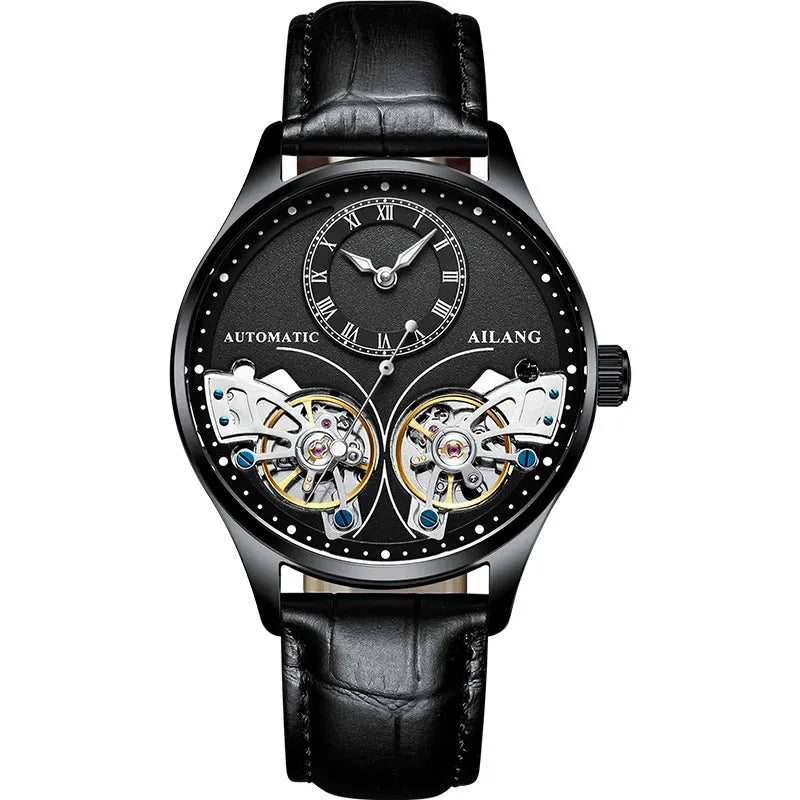 Automatic men's watch with tourbillon and moon phase on black steel strap
