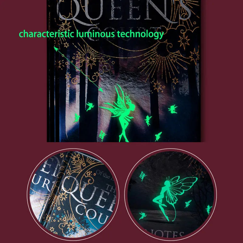Blue and purple A5 hardcover luminous notebooks open to show full-colour illustrated pages