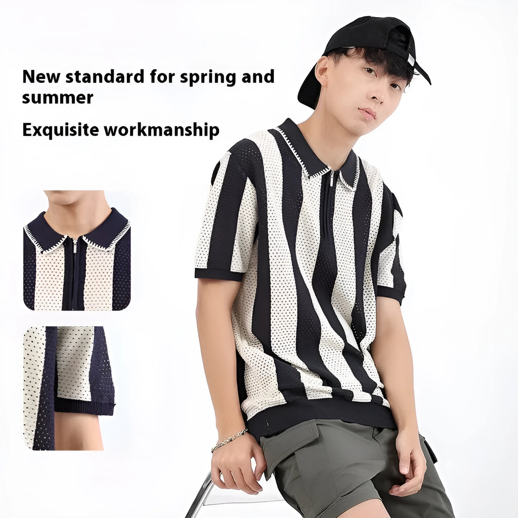 Man wearing striped ice silk short sleeve sweater with zipper decoration in sapphire blue