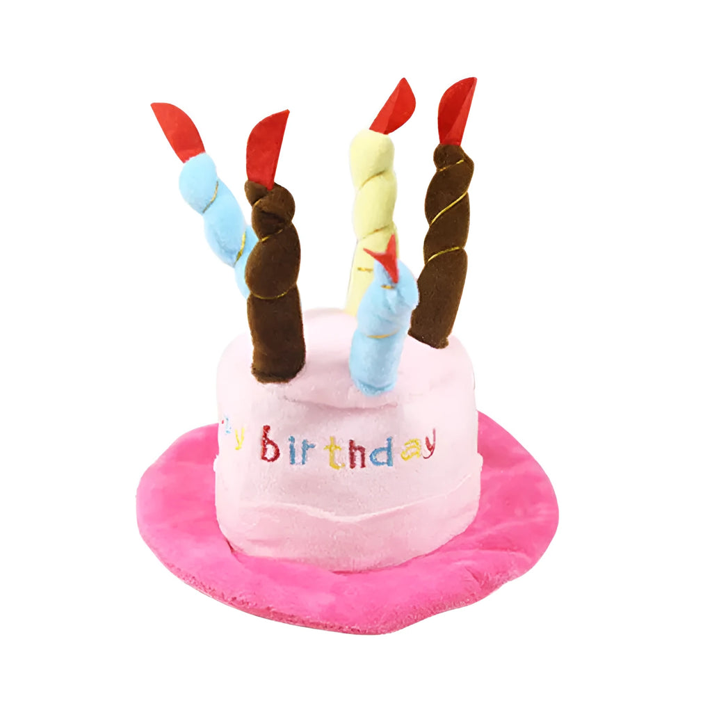 Blue dog birthday hat with elastic strap and decorative ball top for small dog.