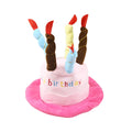 Blue dog birthday hat with elastic strap and decorative ball top for small dog.