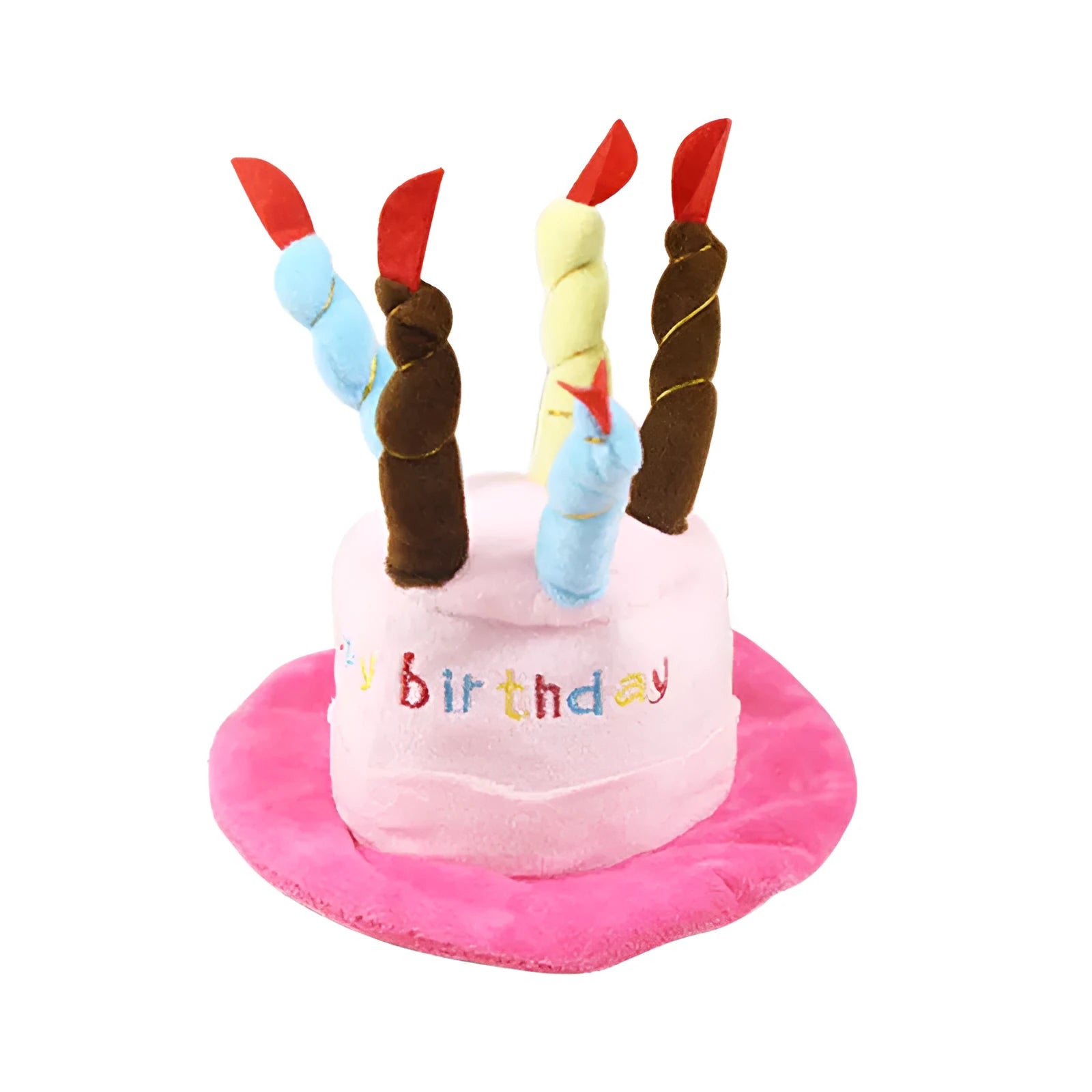 Blue dog birthday hat with elastic strap and decorative ball top for small dog.