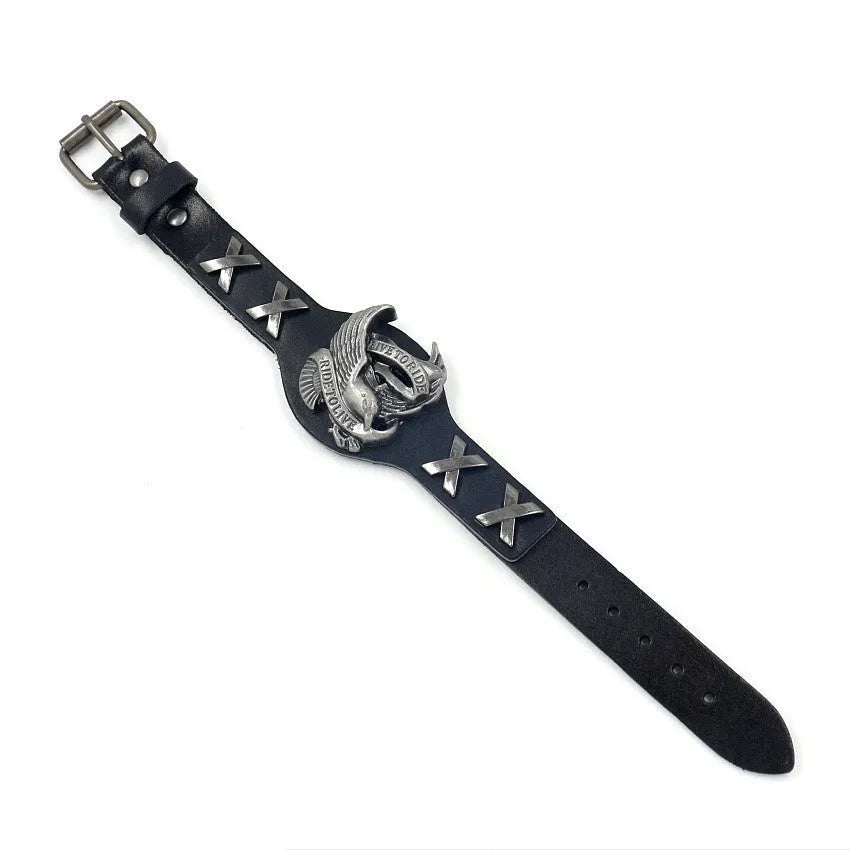 Black geometric leather men's bracelet with a detailed alloy eagle buckle clasp on a white background.