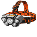 Head-mounted LED miner's lamp flashlight with adjustable strap and included data cable on a colour box