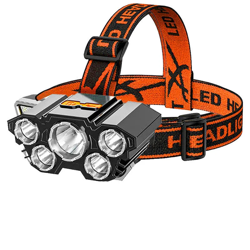 Head-mounted LED miner's lamp flashlight with adjustable strap and included data cable on a colour box
