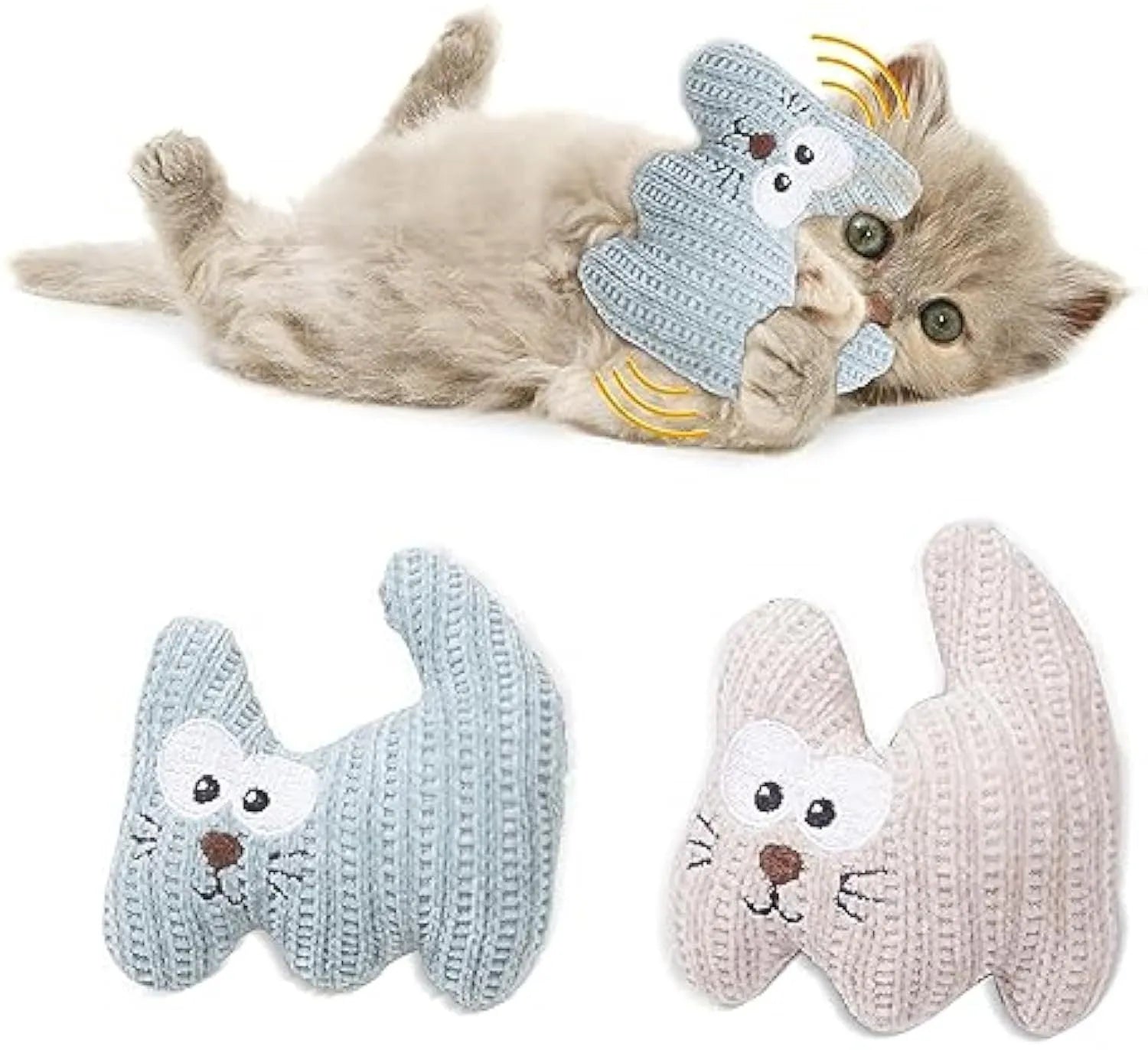 Cyan knitted plush cat toy with rope and bell, shown next to a light coffee colour option.
