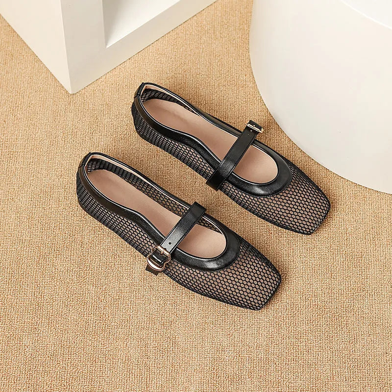 Women's low-heel summer pump in mesh with buckle fastening and square toe, shown in a neutral colour.