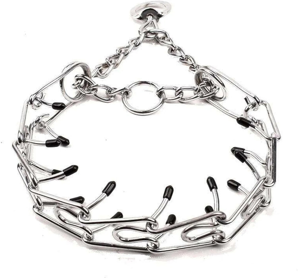 Stainless steel dog prong training collar with rubber tips, shown with adjustable links in four sizes.