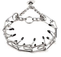 Stainless steel dog prong training collar with rubber tips, shown with adjustable links in four sizes.