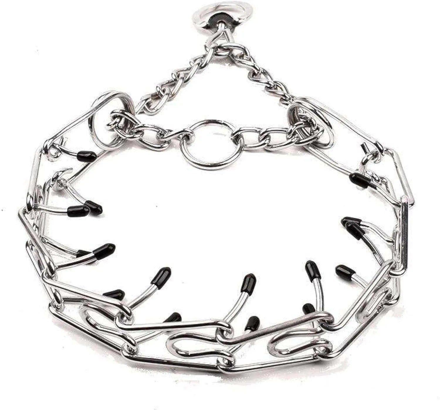 Stainless steel dog prong training collar with rubber tips, shown with adjustable links in four sizes.