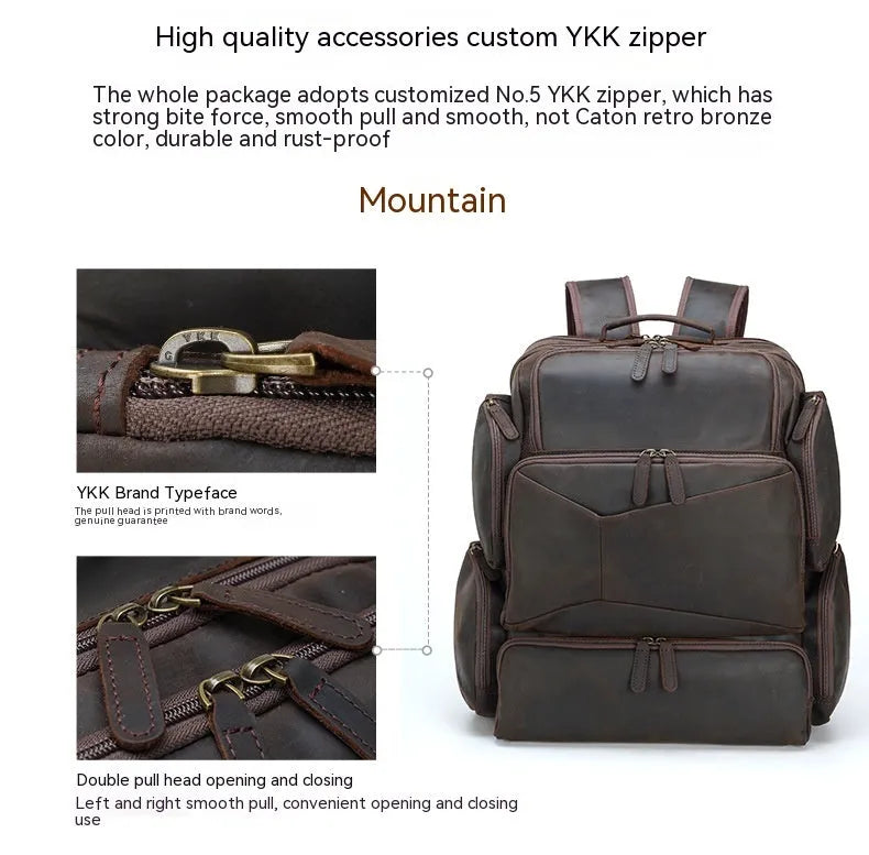 Dark brown retro genuine leather backpack for men, open to show laptop compartment and internal organisers.