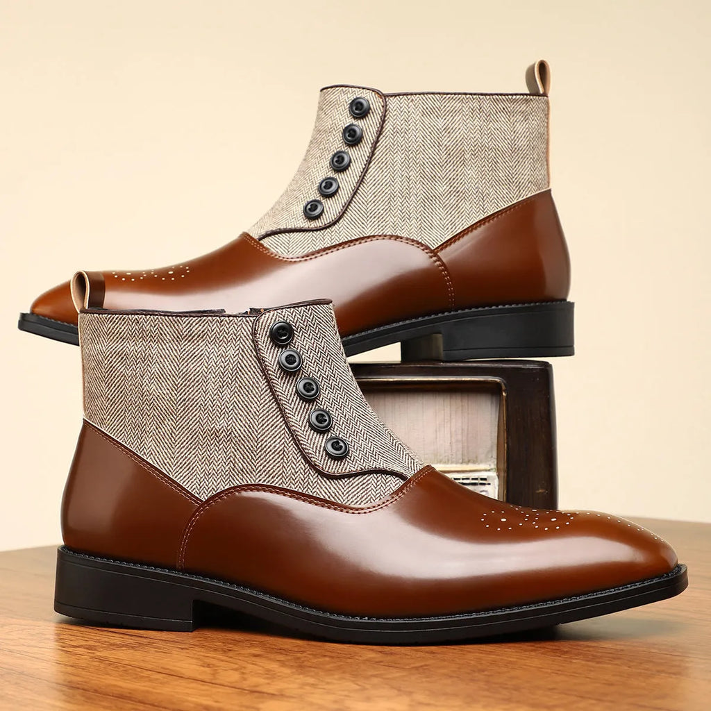 Men's brown and green retro style formal leather shoes with side zipper and square toe.