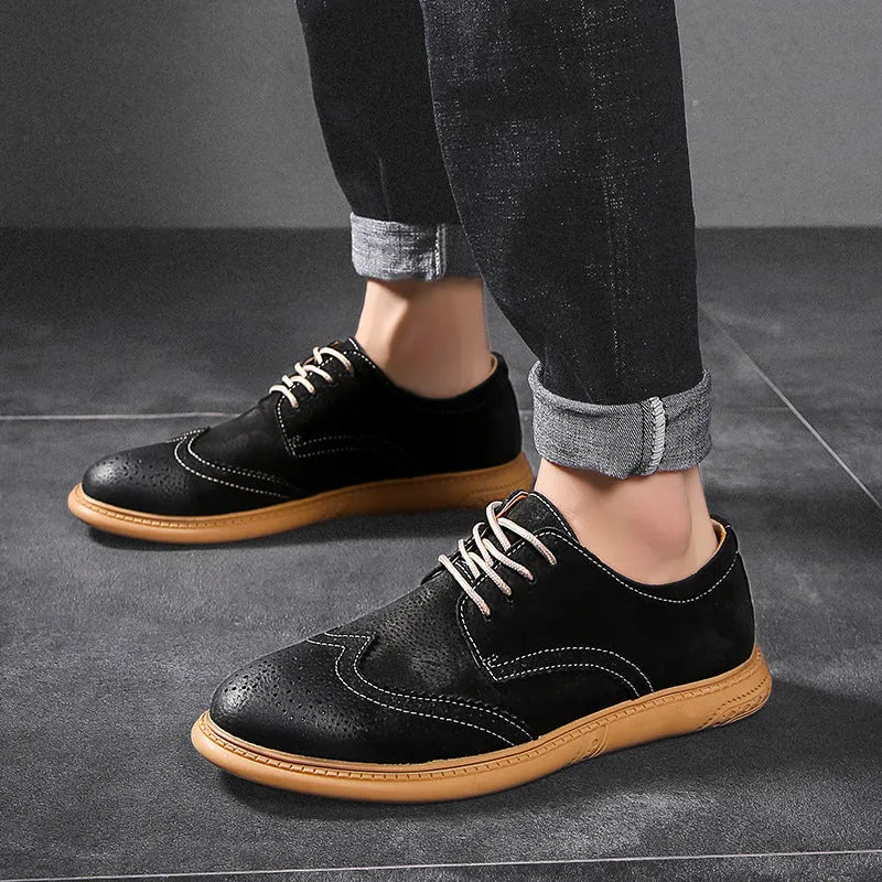Men's black genuine leather business shoes with lace-up front and decorative stitching