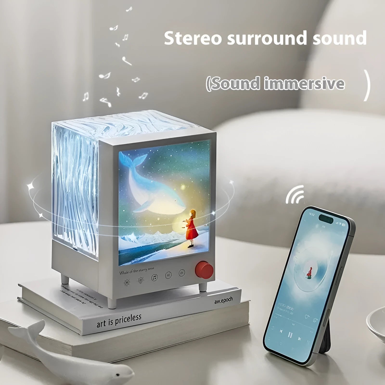 Aurora Treasure Box cubic projection lamp showing star sea whale coloured light projection.