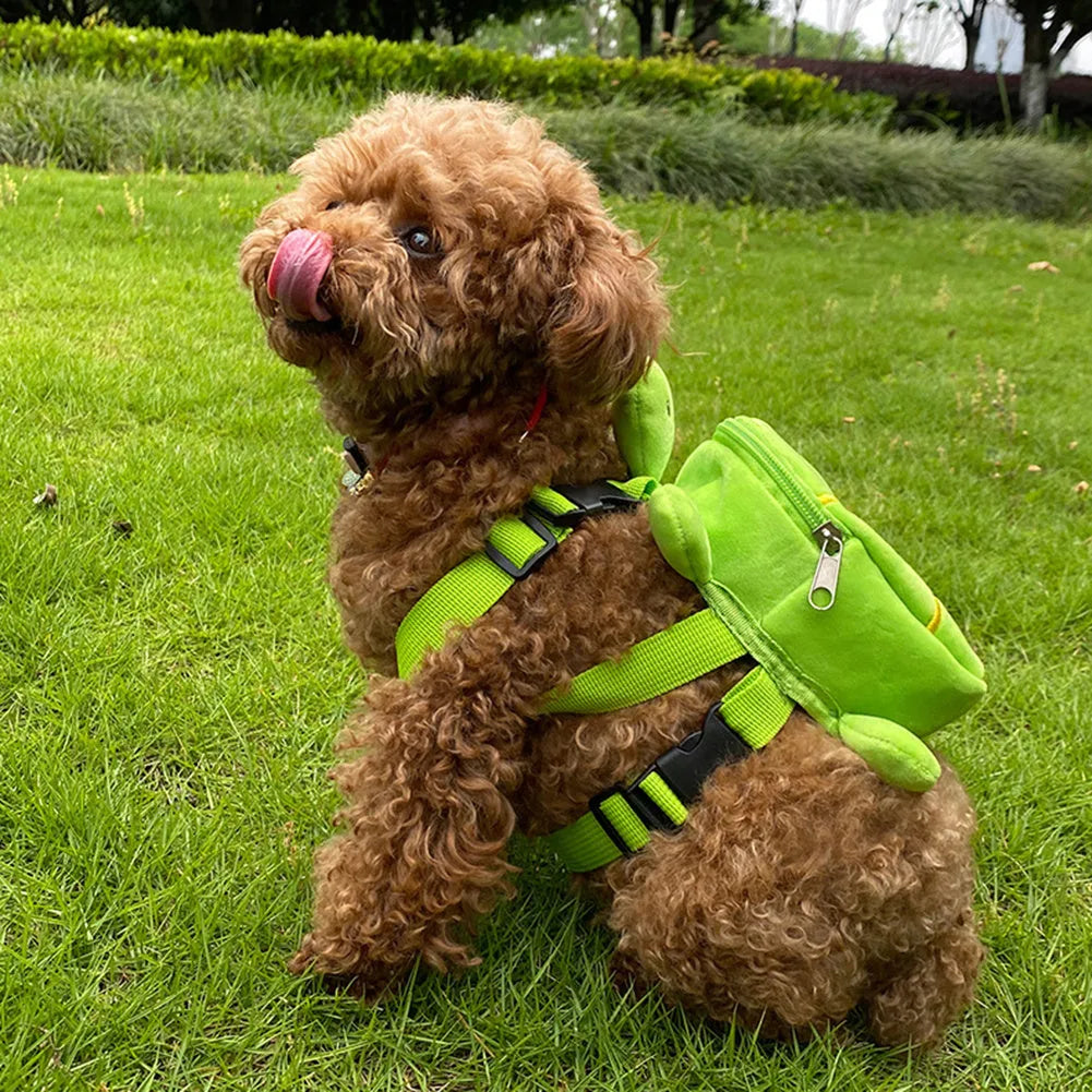 Turtle-shaped dog backpack harness vest in velvet with metal zipper, measuring 20 x 18cm