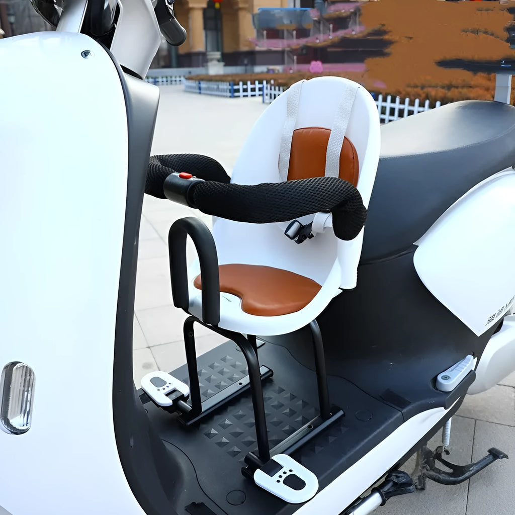 Front-mounted child safety seat for battery scooter in black, made from high carbon steel pipe.