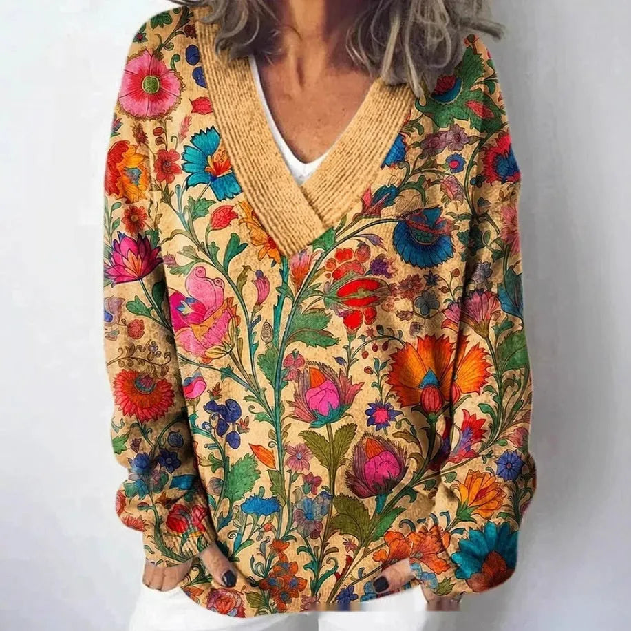 Women's V-neck long sleeve sweatshirt with a full-coverage 3D floral printed pattern in an art retro style.