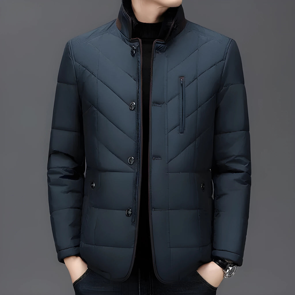 Men's winter short padded coat in dark blue with side seam pockets