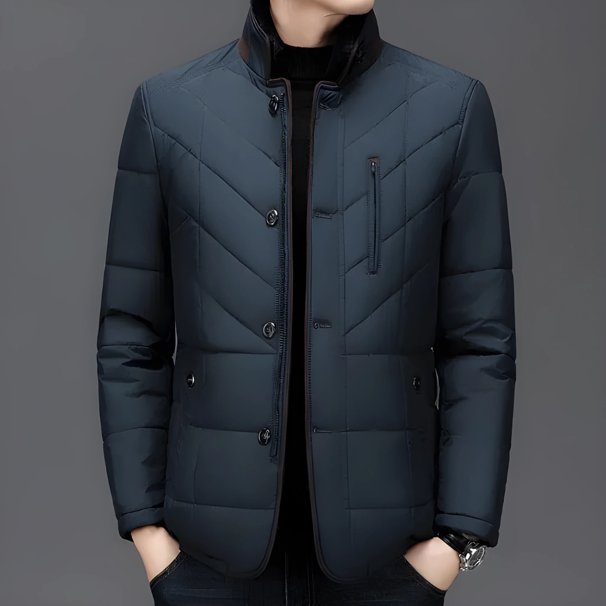 Men's winter short padded coat in dark blue with side seam pockets