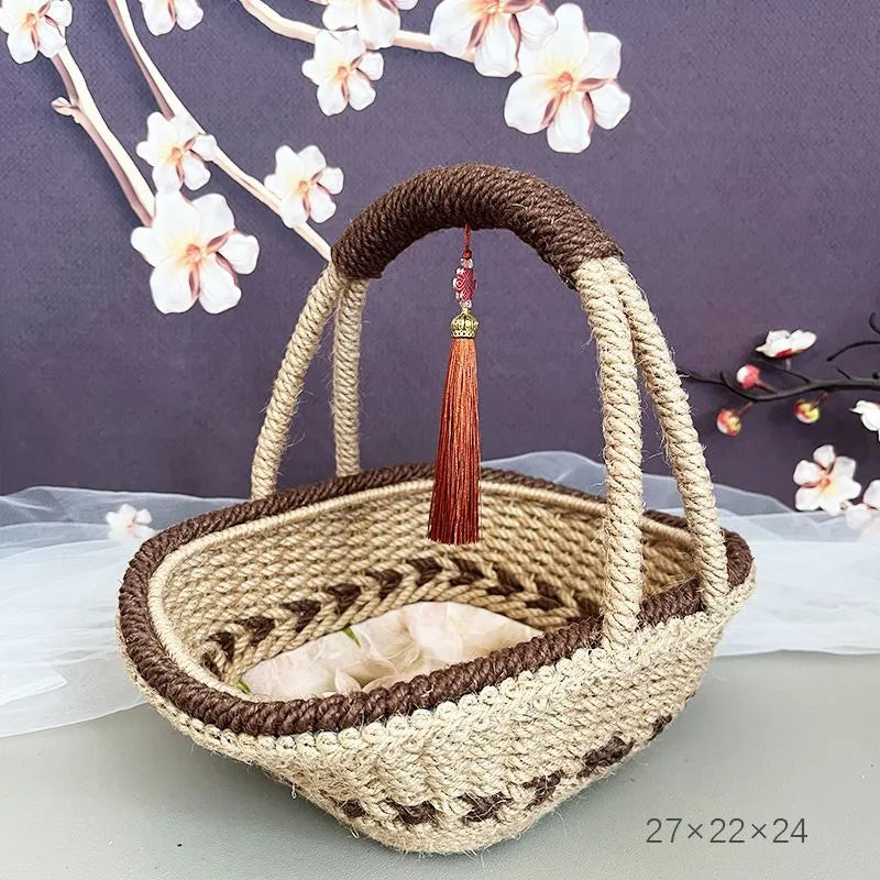 Hand-woven straw basket with hemp rope finish in coffee brown colour