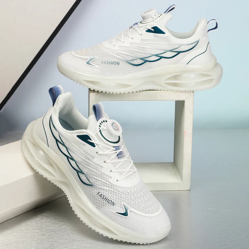 Low-top breathable running shoes in black gold, sky blue, and white colours with a rubber sole.