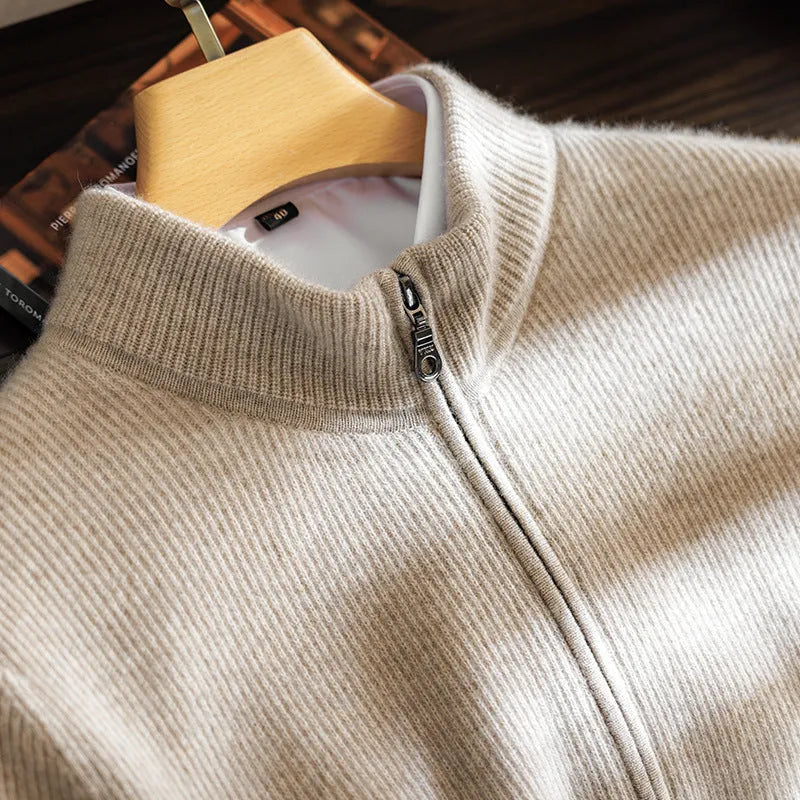 Men's cashmere round neck zip cardigan sweater in camel colour, long sleeves, winter wear
