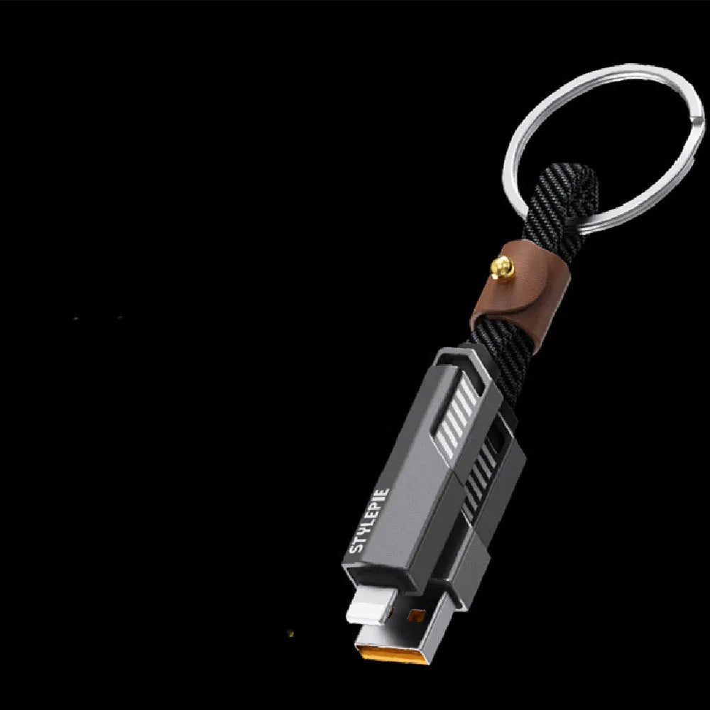 Black woven nylon four-in-one keychain data cable with Type-C connector and C71 Tungsten Gold finish